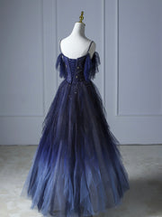 Blue Gradient Tulle Long Prom Dress,Beautiful Spaghetti Strap Celebrity Dresses