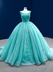 Blue Green Tulle Pleats Beading Pearls Prom Dress