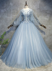 Blue-Grey Ball Gown Tulle Sweet 16 Dress with Lace, Long Formal Dress