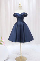 Blue Knee Length Satin Short Prom Dress, Off the Shoulder Blue Homecoming Dress