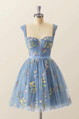 Blue Knee Length Tulle Party Dress, Cute Blue  Floral Tulle Homecoming Dress