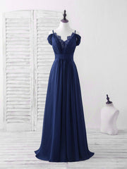 Blue Lace Chiffon Long Prom Dress Blue Bridesmaid Dress