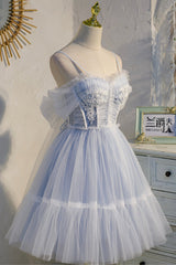 Blue Lace Short A-Line Prom Dress, Blue Spaghetti Straps Homecoming Party Dress