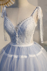 Blue Lace Short A-Line Prom Dress, Cute V-Neck Homecoming Party Dress