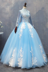 Blue Long Sleeves lace Tulle Sweet 16 Dress, Light Blue Ball Gown Formal Dress, Party Dress