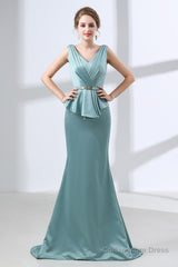 Blue Mermaid Satin V-neck Backless Prom Dresses With Sash