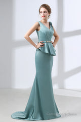 Blue Mermaid Satin V-neck Backless Prom Dresses With Sash