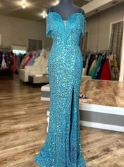 Blue Mermaid Sequins Straps Beading Split prom Dress