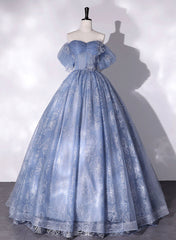 Blue Off Shoulder Ball Gown Floral Tulle Party Dress, Blue Sweet 16 Dress