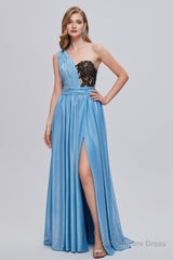 Blue One Shoulder Ruched Long Prom Dresses with Applique