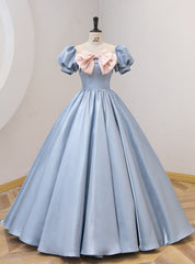 Blue Puff Sleeve Pink Bow Quinceanera Dress