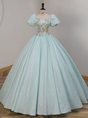 Blue Puff Sleeve Sequins Appliques Quinceanera Dress