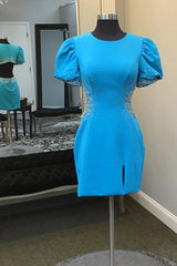 Blue Round Neck Beaded Bodycon Short Homecoming Dress with Puff Sleeves