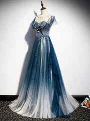 Blue Round Neck Tulle Beads Long Prom Dress, Blue Evening Dress