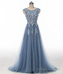 Blue round neck tulle lace applique long prom dress, blue evening dress