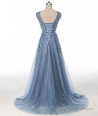 Blue round neck tulle lace applique long prom dress, blue evening dress