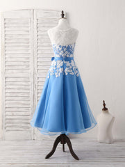 Blue Round Neck Tulle Lace Applique Tea Long Prom Dress, Bridesmaid Dress