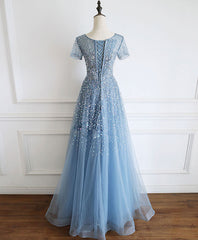 Blue Round Neck Tulle Sequin Beads Long Prom Dress Blue Tulle Formal Dress