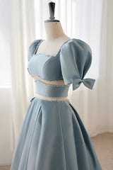 Blue Satin Beaded Long Prom Dress, Blue Short Sleeve Evening Dress