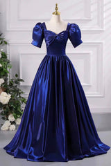 Blue Satin Floor Length Prom Dress, A-Line Short Sleeve Backless Evening Party Dress