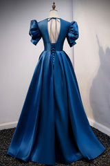 Blue Satin Long A-Line Prom Dress, Elegant Short Sleeve Party Dress