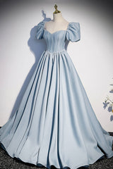 Blue Satin Long A-Line Prom Dress with Pearls, Cute Short Sleeve Evening Dress