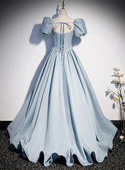 Blue Satin Long Prom Dress with Pearls, Blue Short Sleeves A-line Evening Dress