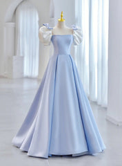 Blue Satin Puf Sleeve Bow Prom Dress