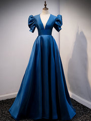 Blue Satin Puff Sleeve Backless Prom Dress