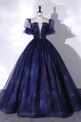 Blue Scoop Neckline Tulle Long Prom Dress, A-Line Short Sleeve Evening Gown