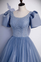 Blue Scoop Tulle Long Prom Dress, A-Line Short Sleeve Formal Dress