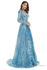 Blue Sequin With Detachable Train Long Sleeves Mermaid Evening Dresses