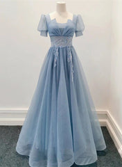 Blue Shiny Tulle Short Sleeves Long Formal Dress, Blue A-line Prom Dress