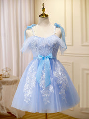 Blue Short Prom Dress, Puffy Cute Blue Homecoming Dress with Lace