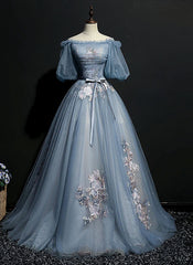 Blue Short Sleeves Long Tulle with Flower Applique Party Dress, Blue Sweet 16 Dress