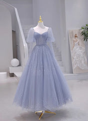 Blue Short Sleeves Tulle Long Sweetheart Party Dress, A-line Blue Prom Dress