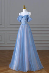 Blue Spaghetti Strap Tulle Long Prom Dress, A-Line Evening Dress