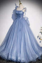 Blue Spaghetti Strap Tulle with Flowers Long Formal Dress, Blue Party Dress with Bow