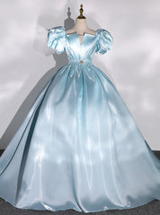 Blue Square Puff Sleeve Square Quinceanera Dress