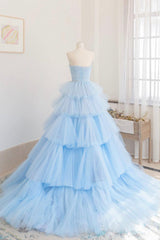 Blue Strapless Tulle Layers Long Prom Dress, A-Line Evening Dress