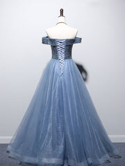 Blue Sweetheart Neck Beads Long Prom Dress, Blue Tulle Formal Dress With Beading Sequin