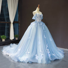 Blue Sweetheart Off Shoulder with Lace Applique Party Dress, Blue Sweet 16 Dress