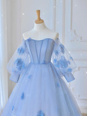 Blue Sweetheart Tulle 3D Flower Long Prom Dress, Blue Evening Dress