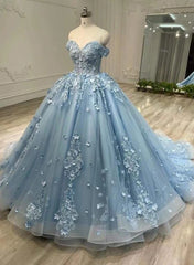 Blue Sweetheart Tulle with Lace Applique Off Shoulder Party Dress, Blue Sweet 16 Dress