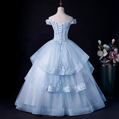 Blue Tulle Ball Gown Off Shoulder Layers Sweet 16 Dress, Blue Formal Dress with Lace