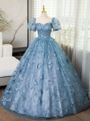 Blue Tulle Butterflu Short Sleeve Quinceanera Dress