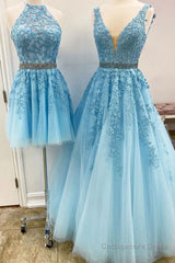 Blue tulle lace A line prom dress blue lace tulle formal dress