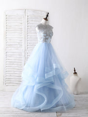 Blue Tulle Lace Applique Long Prom Dress Blue Tulle Sweet 16 Dress