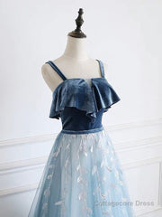 Blue tulle lace long prom dress, blue tulle formal dress