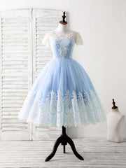 Blue Tulle Lace Short Prom Dress Blue Bridesmaid Dress